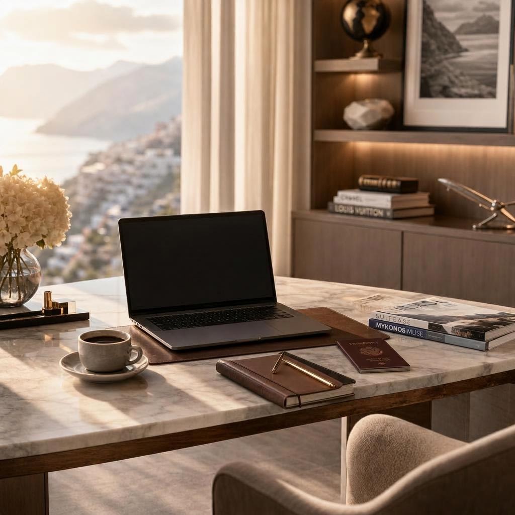 Espace de travail à domicile lumineux et confortable pour conseiller en voyages indépendant